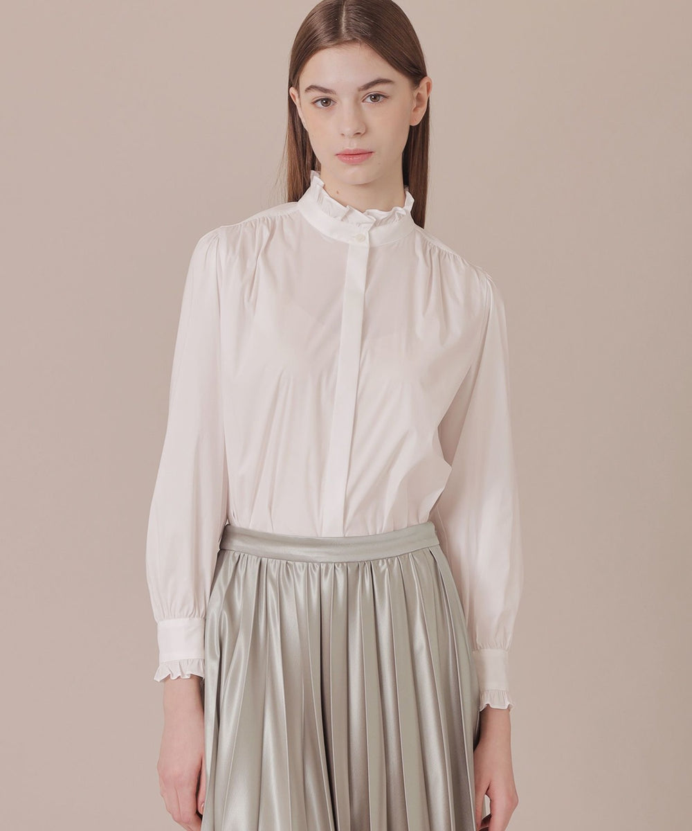 コットンナイロンストレッチスタンドカラーブラウス(トップス