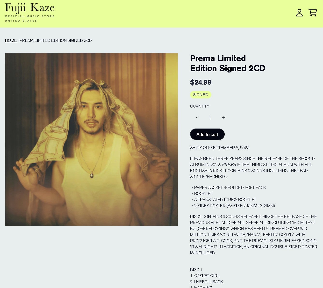 藤井風【アメリカ限定】Prema Limited Edition Signed 2CD | アメリカ