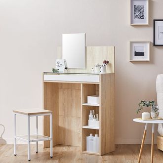 ドレッサー(オーク+ホワイト/ホワイト+グレー)ガラス天板×木目調の