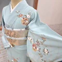 しつけ糸付き未使用水色訪問着4点フルセット、着物、袋帯、帯締め