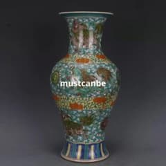 清康熙緑地着花獅子紋魚尾瓶 景徳鎮 陶磁器 装飾品 現代工芸品 美術品