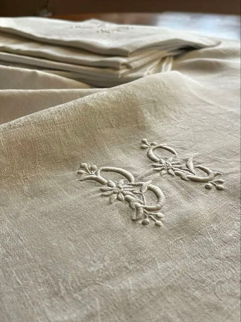 ◆フランスアンティーク｜イニシャル刺繍トーションセット、ダマスク織り白ナプキン ◇フランスアンティーク｜イニシャル刺繍トーションセット、ダマスク