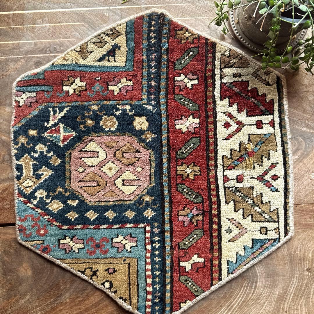 六角形ラグ約40.5×46 ウール100 ネイビーレッド トルコヴィンテージ