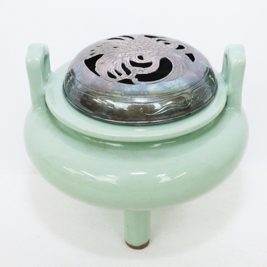 初代 諏訪蘇山 作 青磁 立耳 香炉 共箱 共布 鳳凰透火舎 帝室技芸員