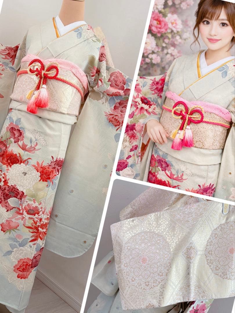 商品状態欄必須確認！新品 正絹振袖フルセット 牡丹•菊調 淡い青色 花