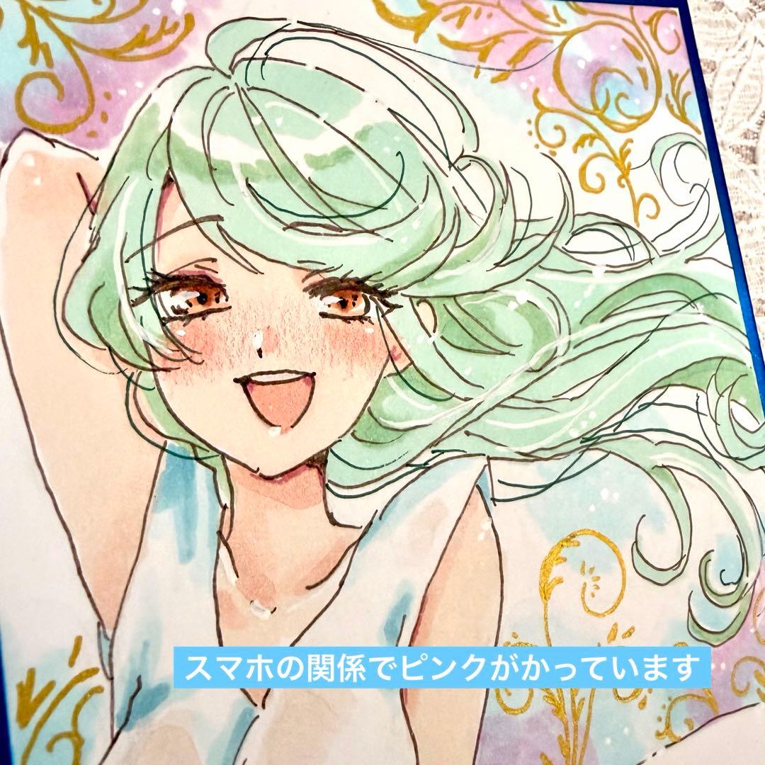 オリジナル手描きイラスト 『髪、なびかせて』 コピック 色紙 アナログ