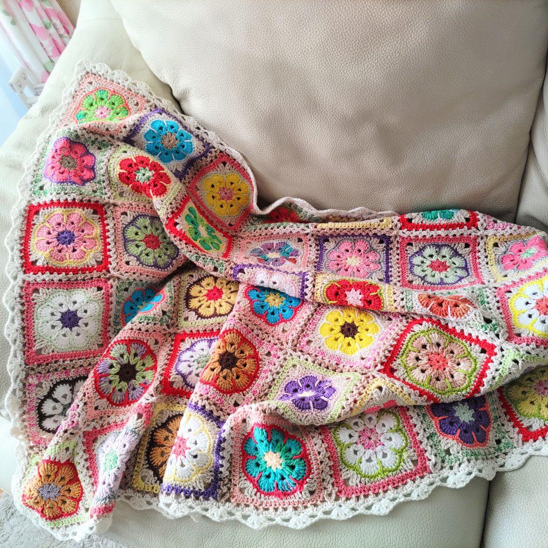 手編みブランケット☆アフリカンフラワー☆かぎ針編み☆カラフル