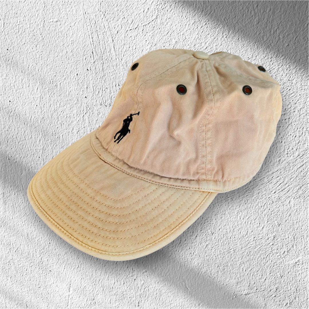 00s【Polo Ralph Lauren】サーモンピンク フェード キャップ Polo Ralph Lauren Logo Cotton 6 Panel Cap サーモンピンク ポロ