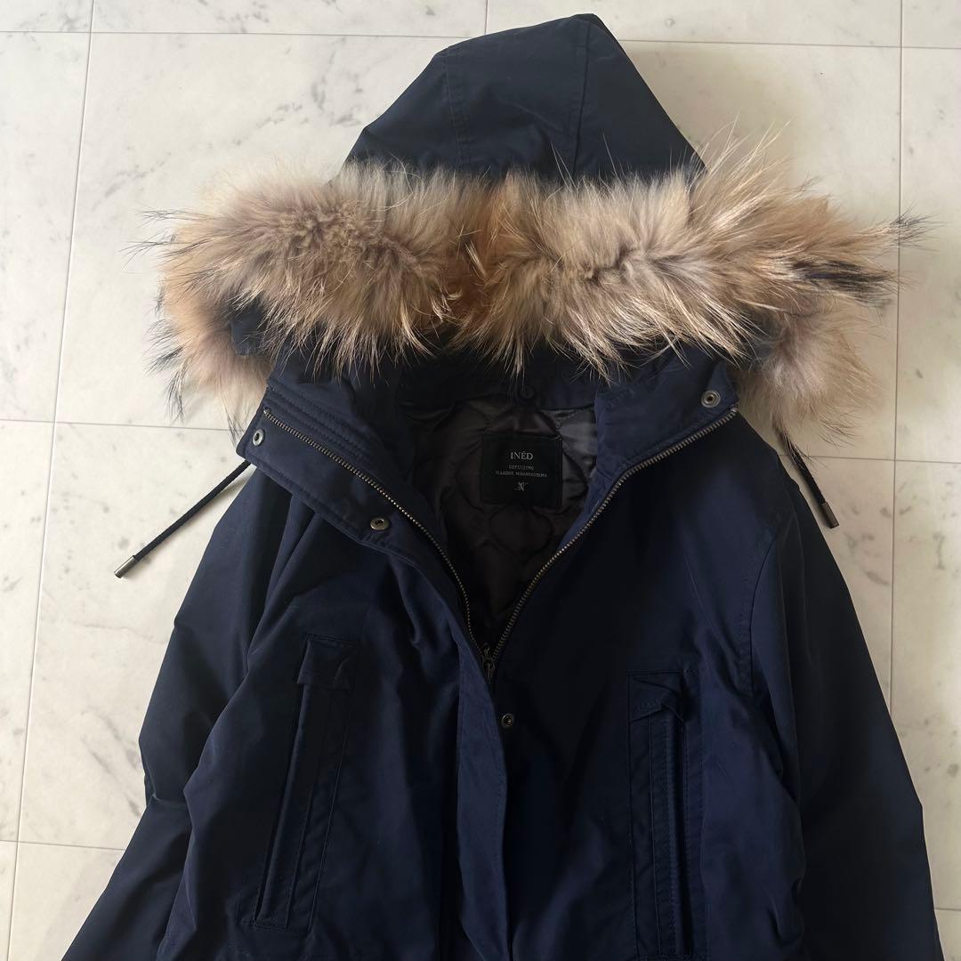 美品♪イネド 中綿ライナー付きモッズコート ファーフード ネイビー