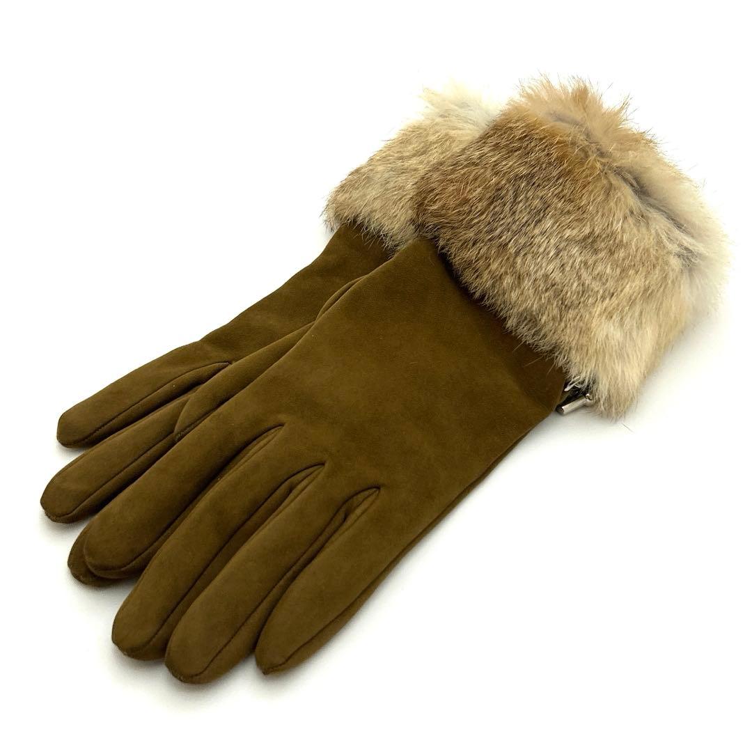 エルメス 手袋 グローブ スエード ブラウン系　シルバー金具 レディース HERMES（エルメス） Hロゴ スウェードレザーグローブ ブラウン 茶色