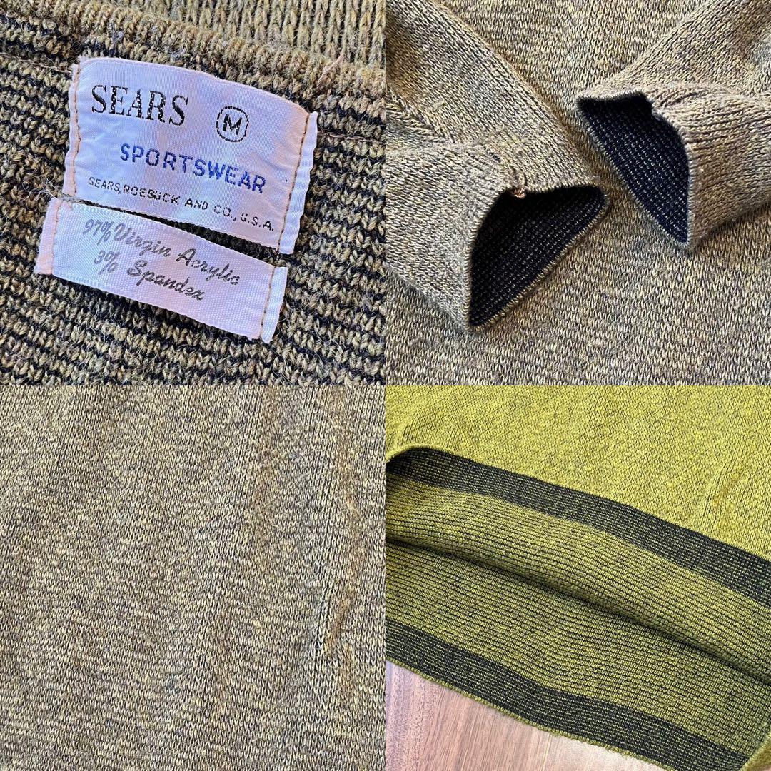 60sビンテージSearsシアーズVネック古着ニットセーターMメンズ抹茶緑