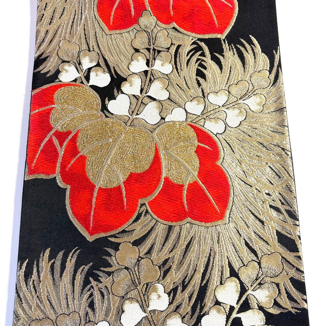 6k287 袋帯 絹 唐織 五三の桐 黒 金色 赤 白 花柄 和装 着物 - メルカリ