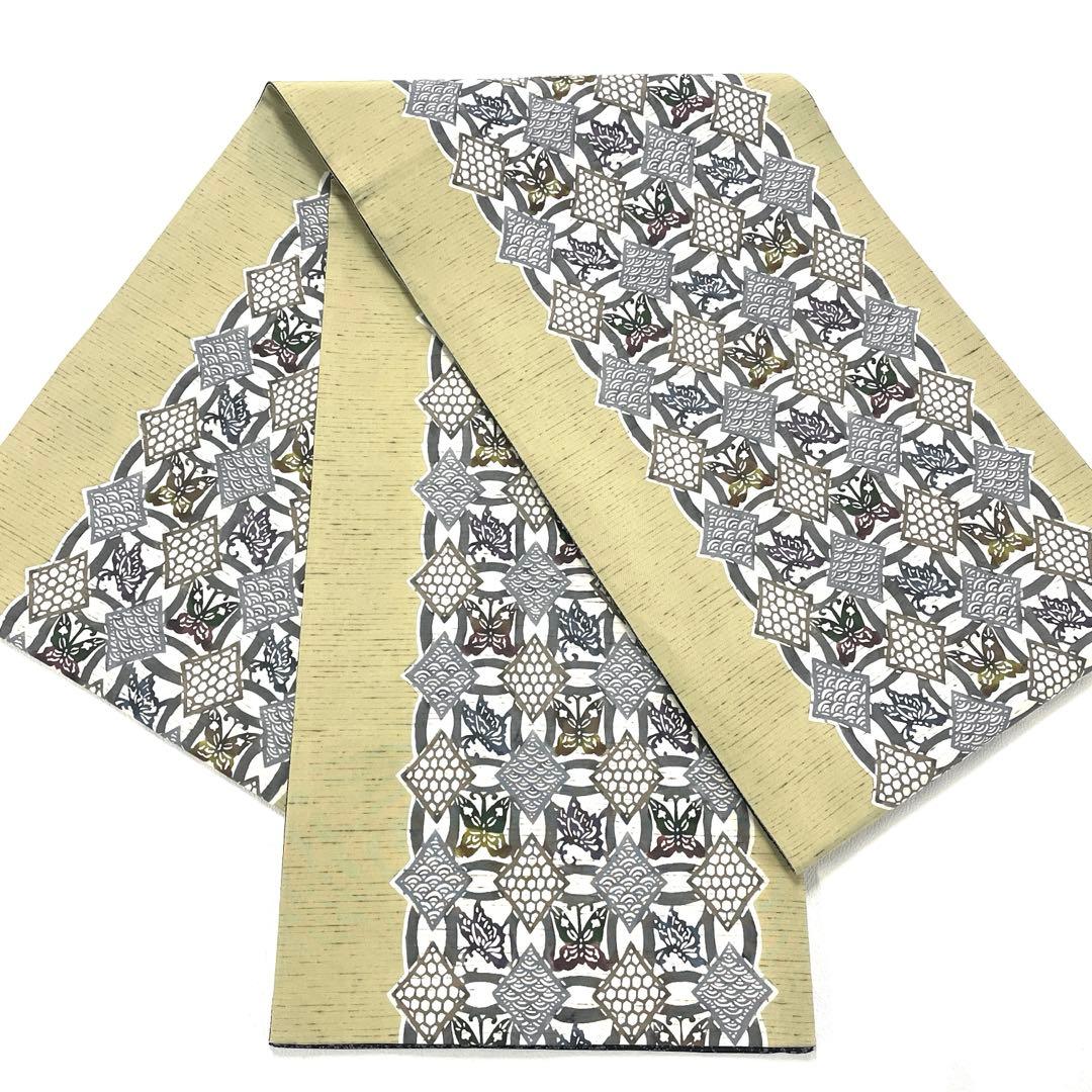 帯6577 ○高級 正絹 ぜんまい紬 紅型 片面全通 リバーシブル 袋帯