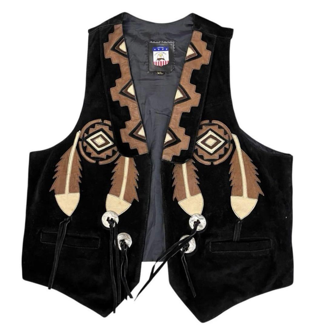 USA製 メキシカン 本革 スエード 黒 レザーベスト コンチョ × フリンジ asianasian_2130001
