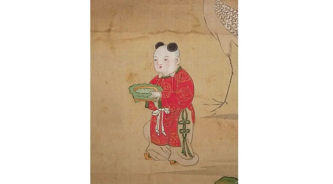 円山応挙（圓山應擧）真筆 絹本着色 「瑞春童子遊鶴図」掛軸 極箱 証明