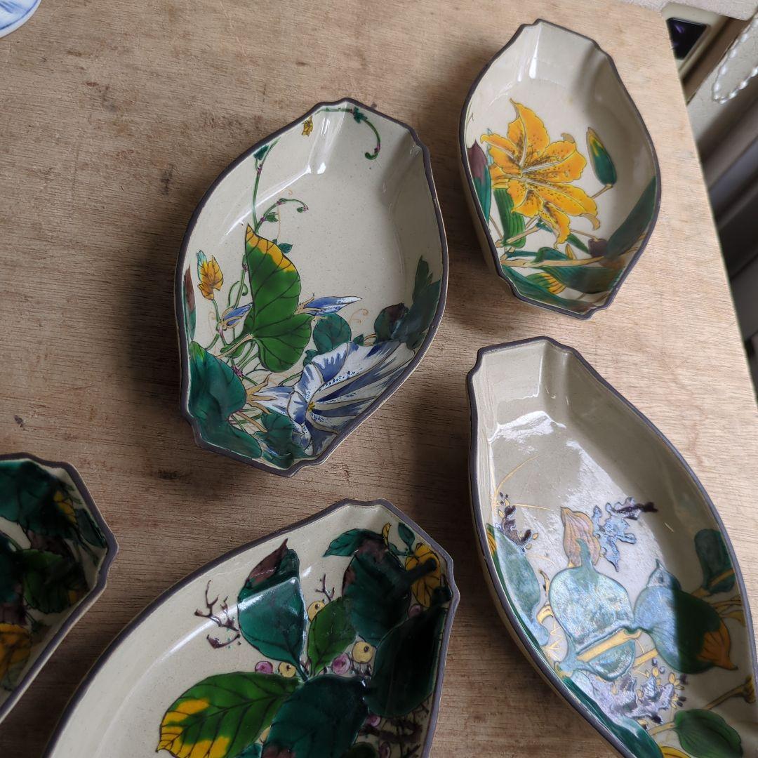 骨董 九谷焼 舟形 図変わり 色絵 花尽くし 向付 器 皿 5枚 変形皿