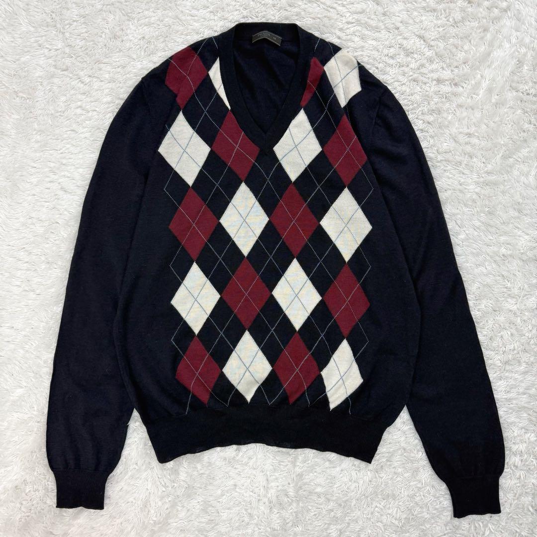 394【美品・48サイズ】プラダ☆アーガイル柄Vネックニット セーター