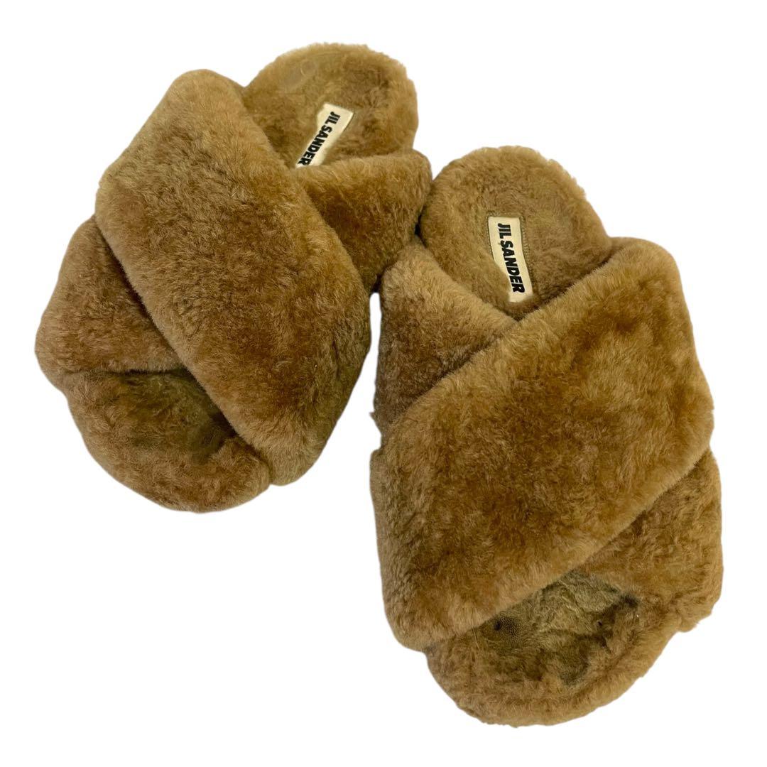 美品】JIL SANDER ファーサンダル ブラウン 24cm クロスデザイン