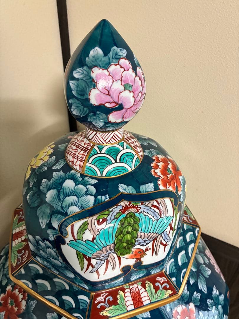 有田焼 特大 染付 牡丹孔雀図 飾壷 光右衛門作 三段壷