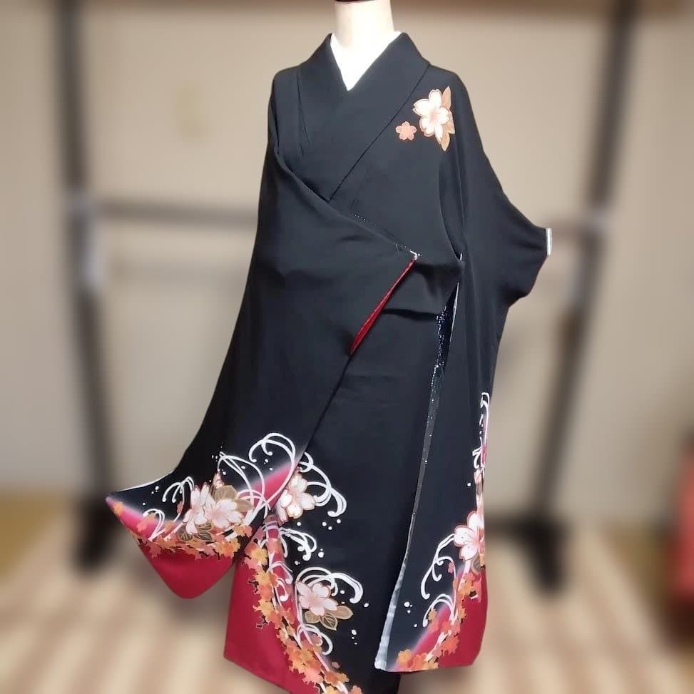 正絹　振り袖　黒地にさくら柄　トールサイズ 振袖 中古 販売 フルセット 正絹 一式 高身長 トールサイズ 黒 格安