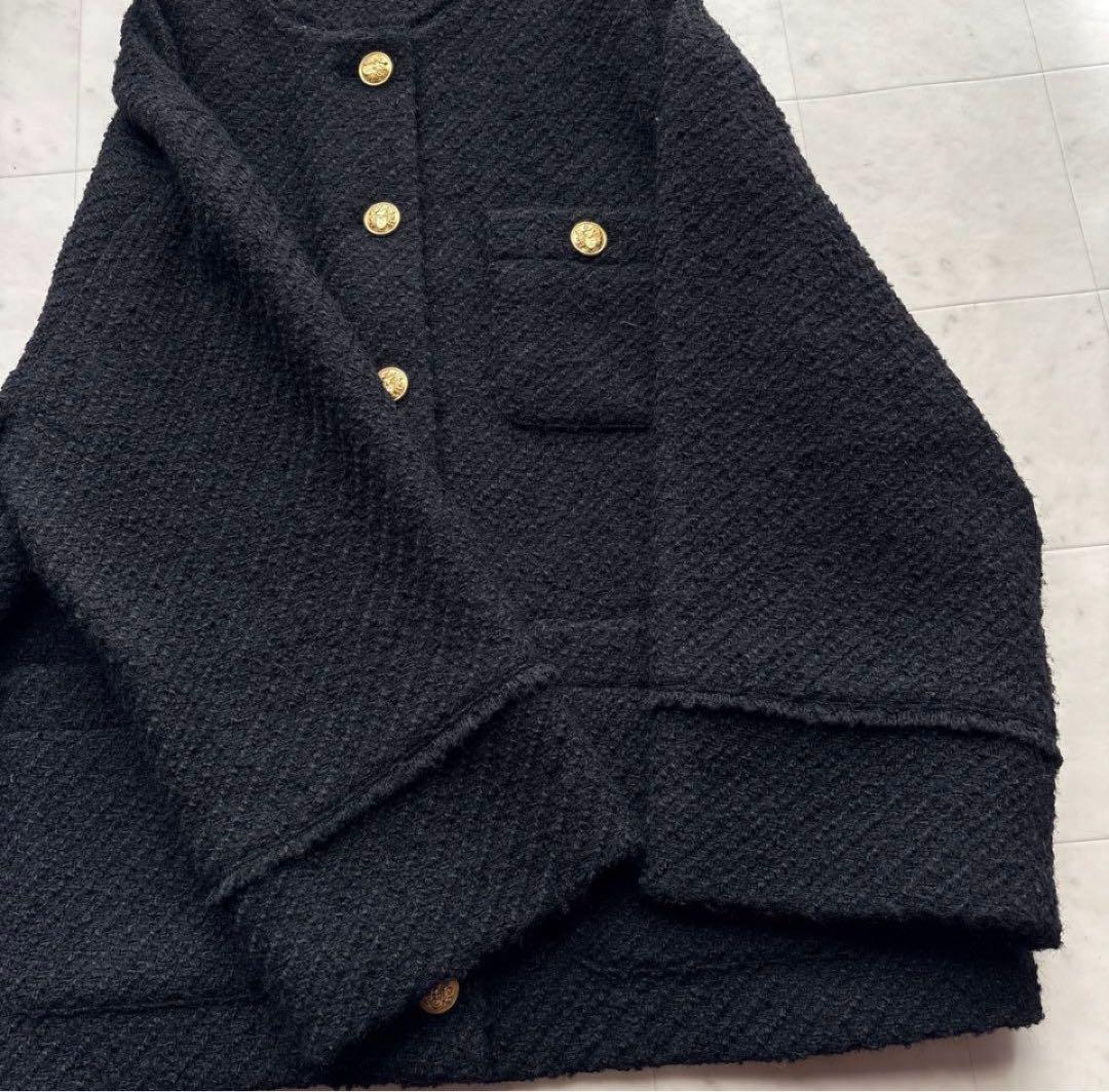 ラウンジドレス 金ボタン ノーカラー ツイードジャケット 黒 ブラック