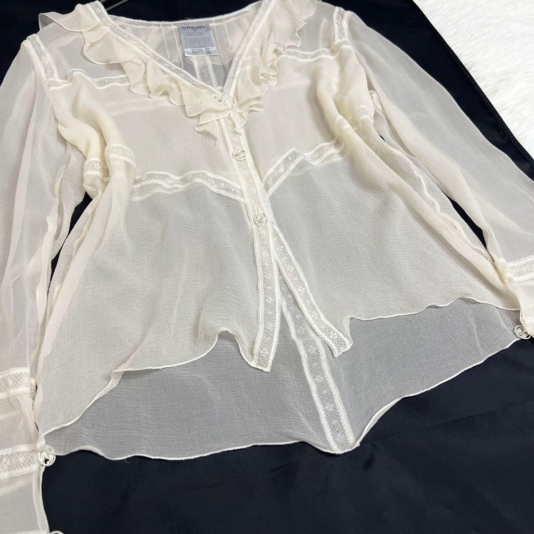 ココボタン✨ CHANEL シャネル フリルシアーシャツブラウス シルク 40