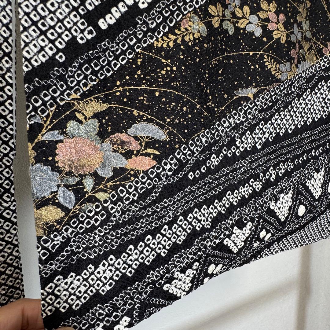 超美品 正絹 袷 訪問着 着物 168裄65 黒 総絞り 刺繍 トール 花柄
