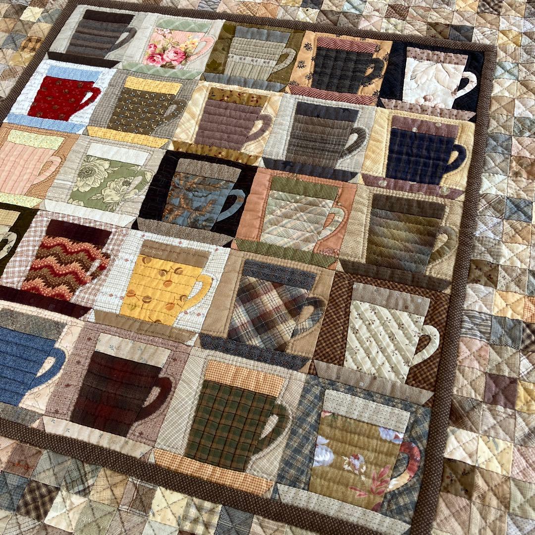 パッチワークキルト コーヒーカップのタペストリー ハンドメイド