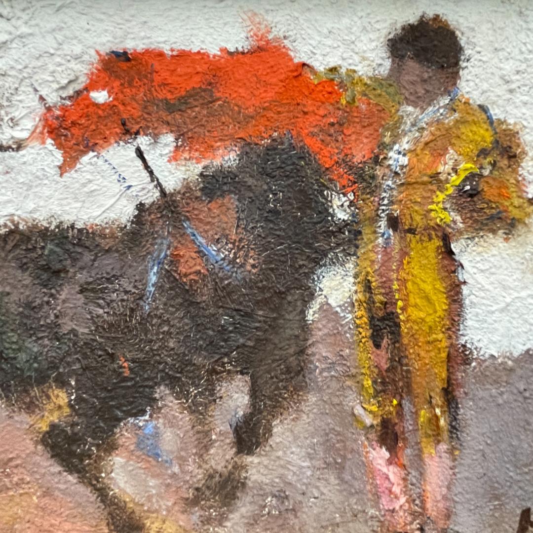 真作保証 友成晴雄『闘牛』油彩 肉筆 厚塗り 本人直筆サインあり