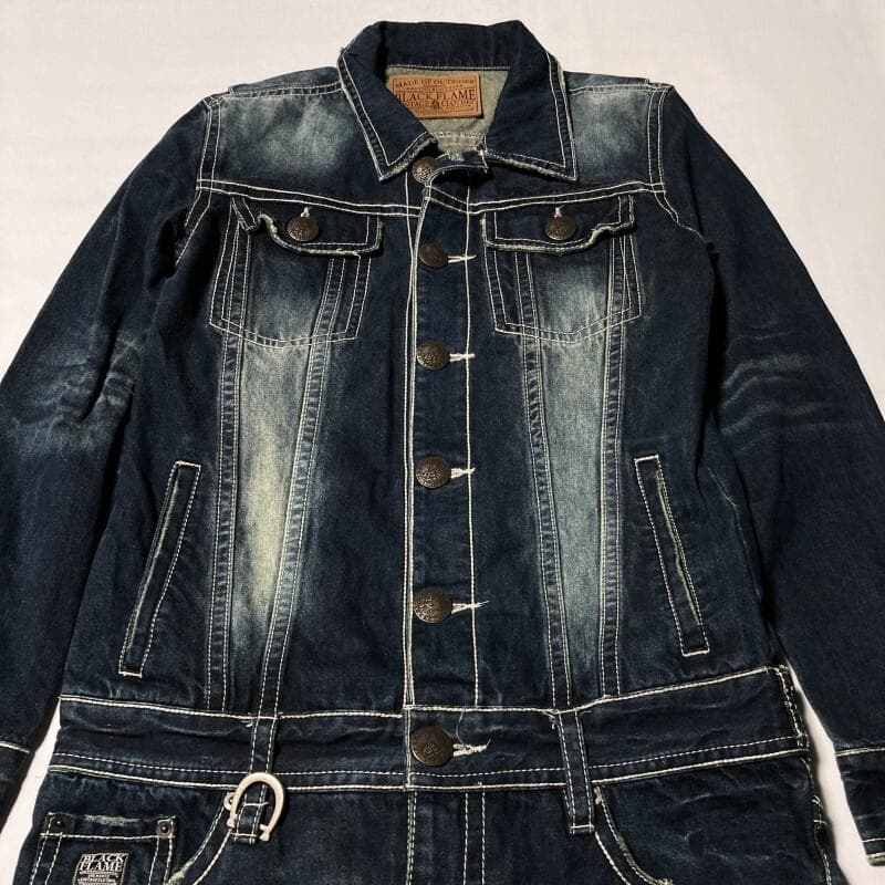 BLACK FLAME☆背スカル&ロゴ刺繍 ヴィンテージ デニムツナギ 15.5