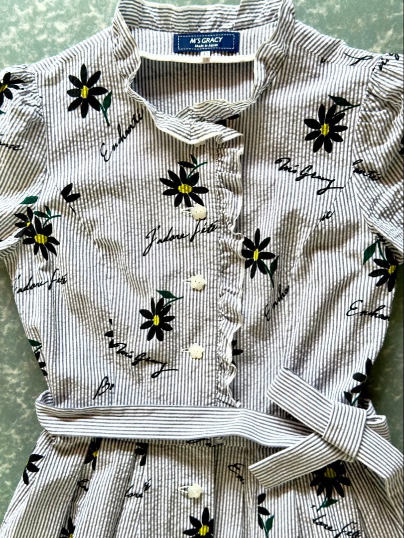M'S GRACY エムズグレイシー花柄ストライプ半袖ワンピース 42 XL中古