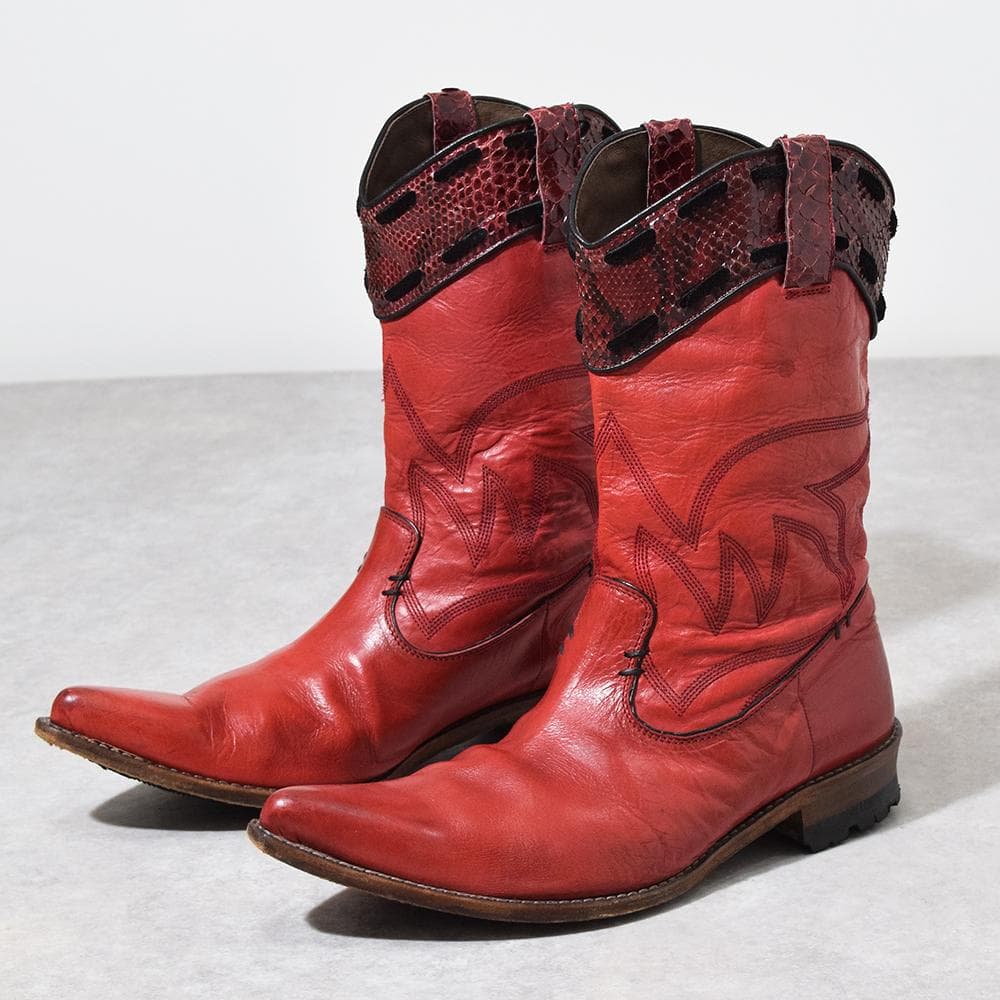 平成 y2k IZREEL ヘビ革 パイソン レザー ウエスタンブーツ 赤 44