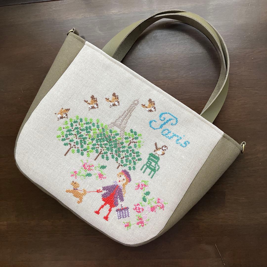 クロスステッチ❤︎本革持ち手トートバッグ サモイロフ ハンドメイド