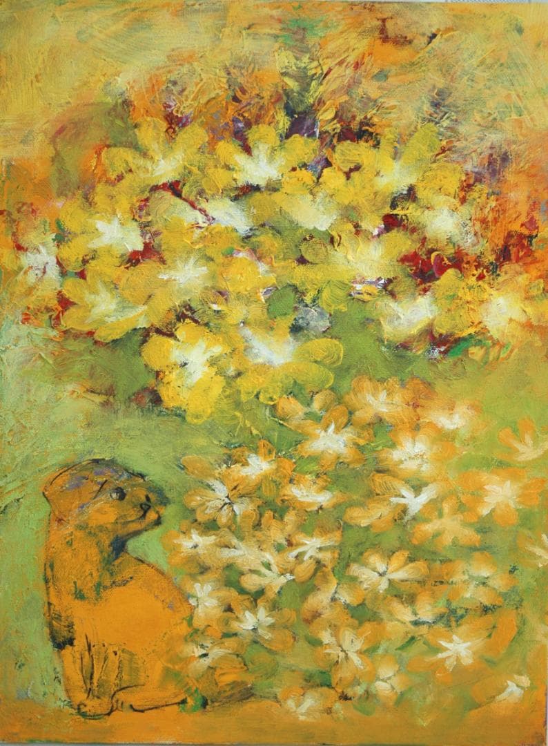 油絵 菅家令子 絵 絵画インテリア額付(青緑＋金色の枠) uF6-050220