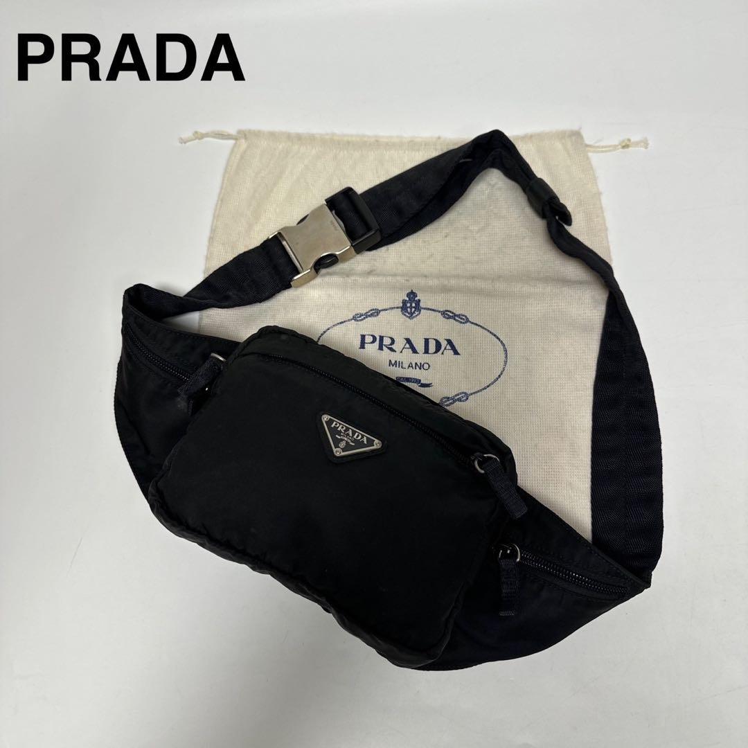 t50【美品】プラダ　三角ロゴ　ナイロン　ブラック　ウエストポーチ　ショルダー. t50【美品】プラダ 三角ロゴ ナイロン ブラック ウエストポーチ