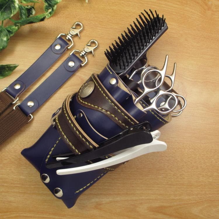 コンチョ付 ネイビー＆焦げ茶 5丁 本革シザーケース SCA-125/CNA