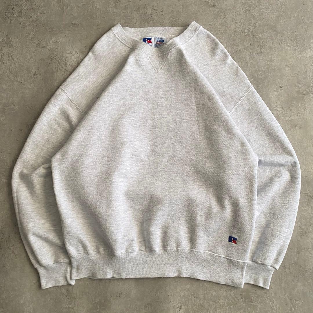 90s ラッセル ハイコットン 前V 無地 スウェット USA製 グレー L 90s 00s ラッセル スウェット 前V ブランク 杢グレー 無地 古着 L