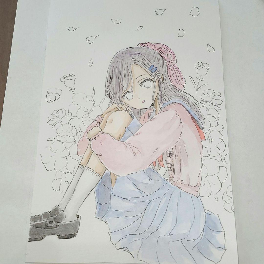 手描きイラスト アナログ セーラー服の女の子 水彩画 - メルカリ