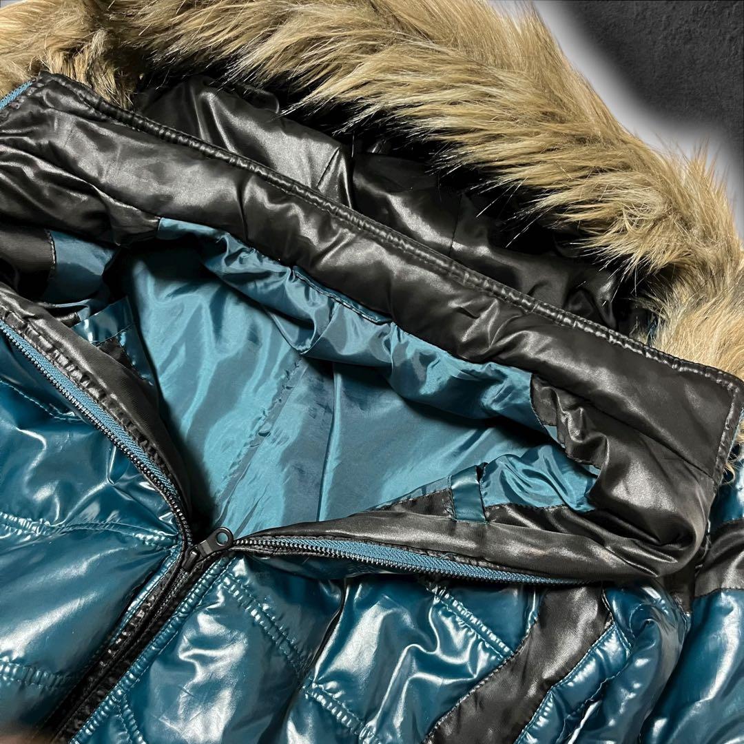 00s y2k ファーダウンジャケット 平成 お兄系 光沢 タイト 青緑 短丈