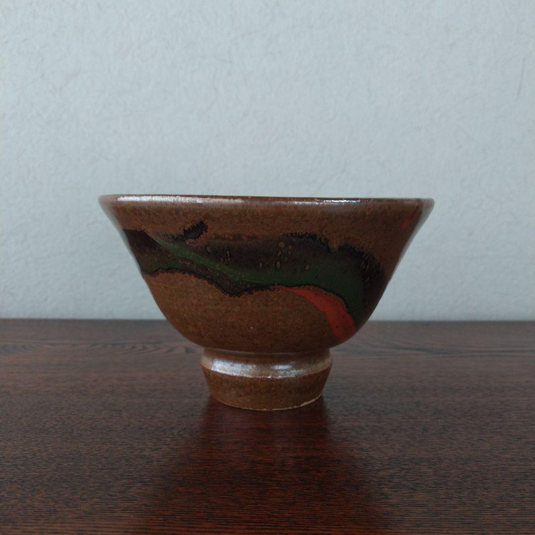 河井敏孝　鐵釉青丹彩碗　桐共箱　黄布・栞付き