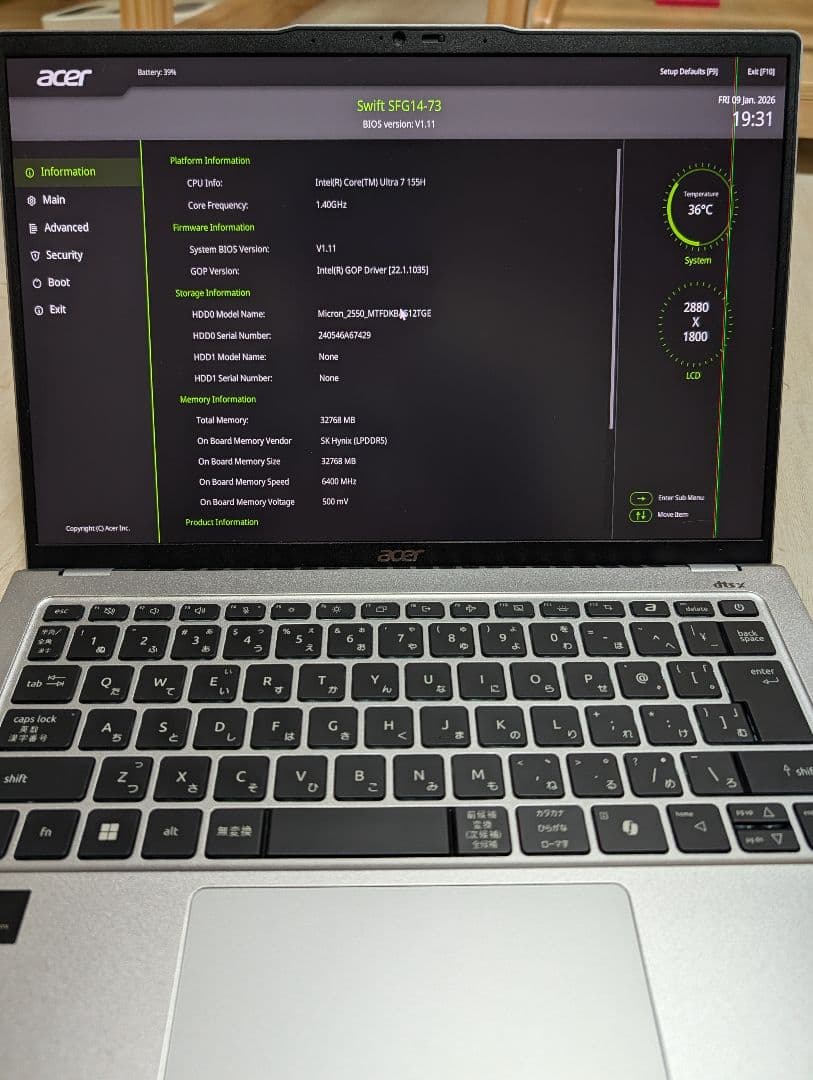 起動確認】Swift Go Core Ultra7 32GB 水没ジャンク-正規代理店品