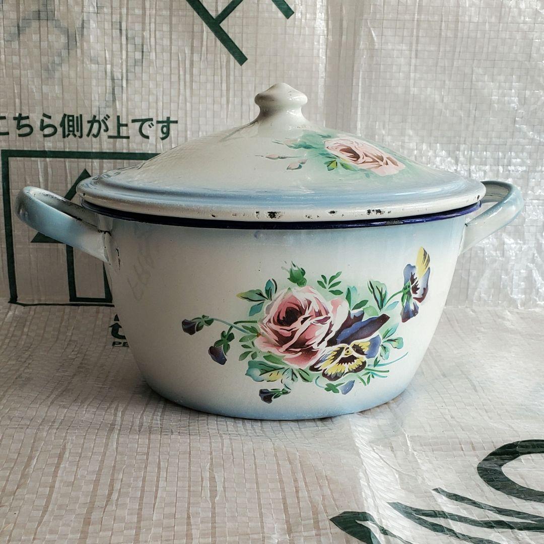 フランス　アンティーク　ホーロー　キャセロール フランス アンティーク ホーロー レア BB社 ローズバンド キャセロール