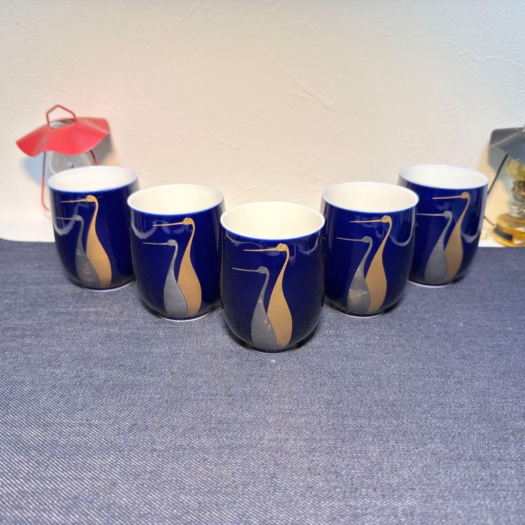 宮内庁御用達 深川製磁 瑠璃金銀彩 双鶴 湯呑 5客 有田焼 フカガワ