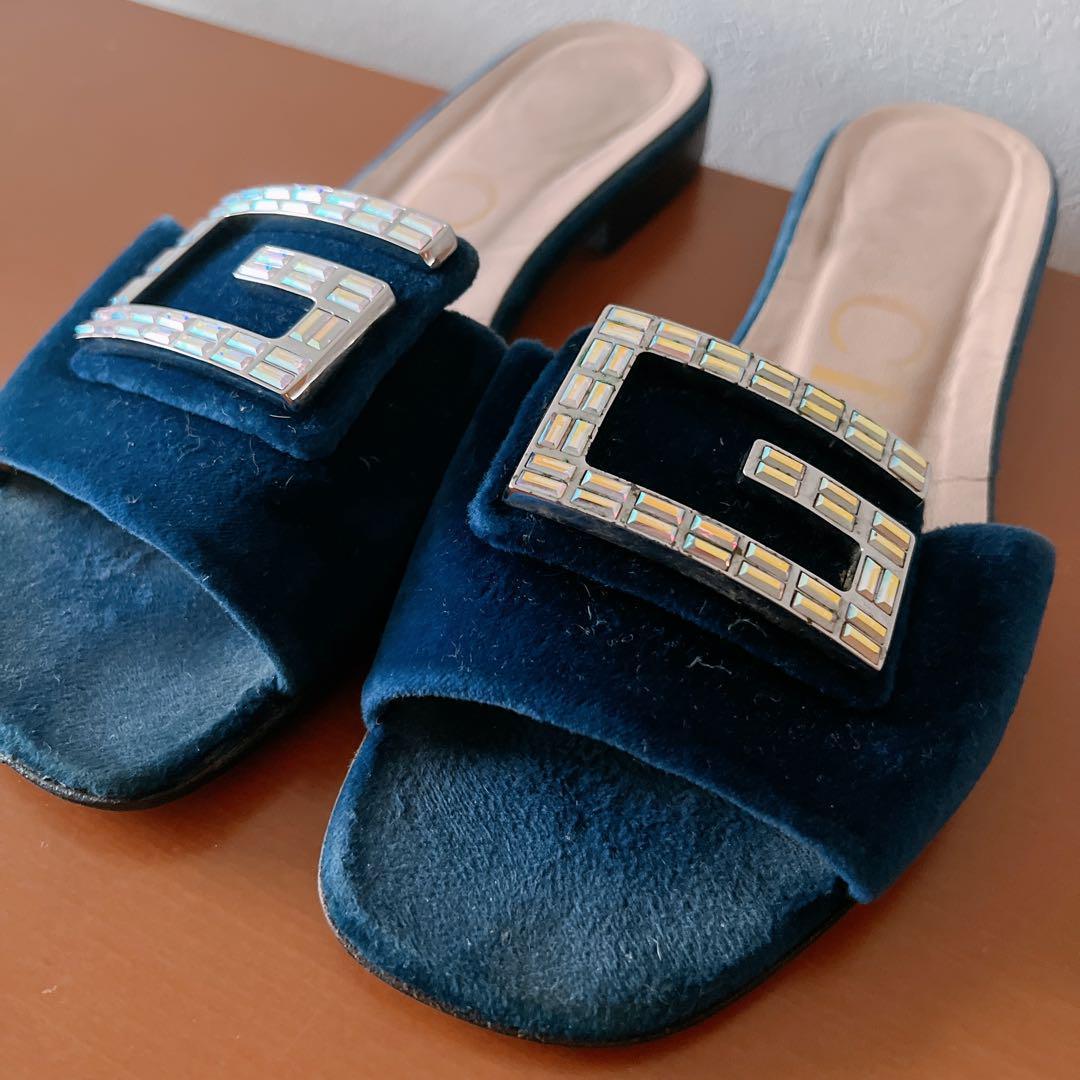 グッチ クリスタルビジューGベロアサンダル ネイビー レディース 24.5