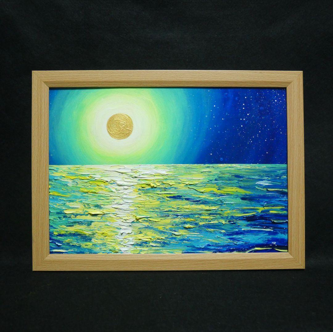 絵画油彩画P30号【春の夜明けに輝く月】