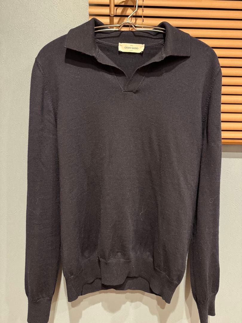 Gran Sasso＞ 12ゲージ メリノウール スキッパーニット 紺ネイビー