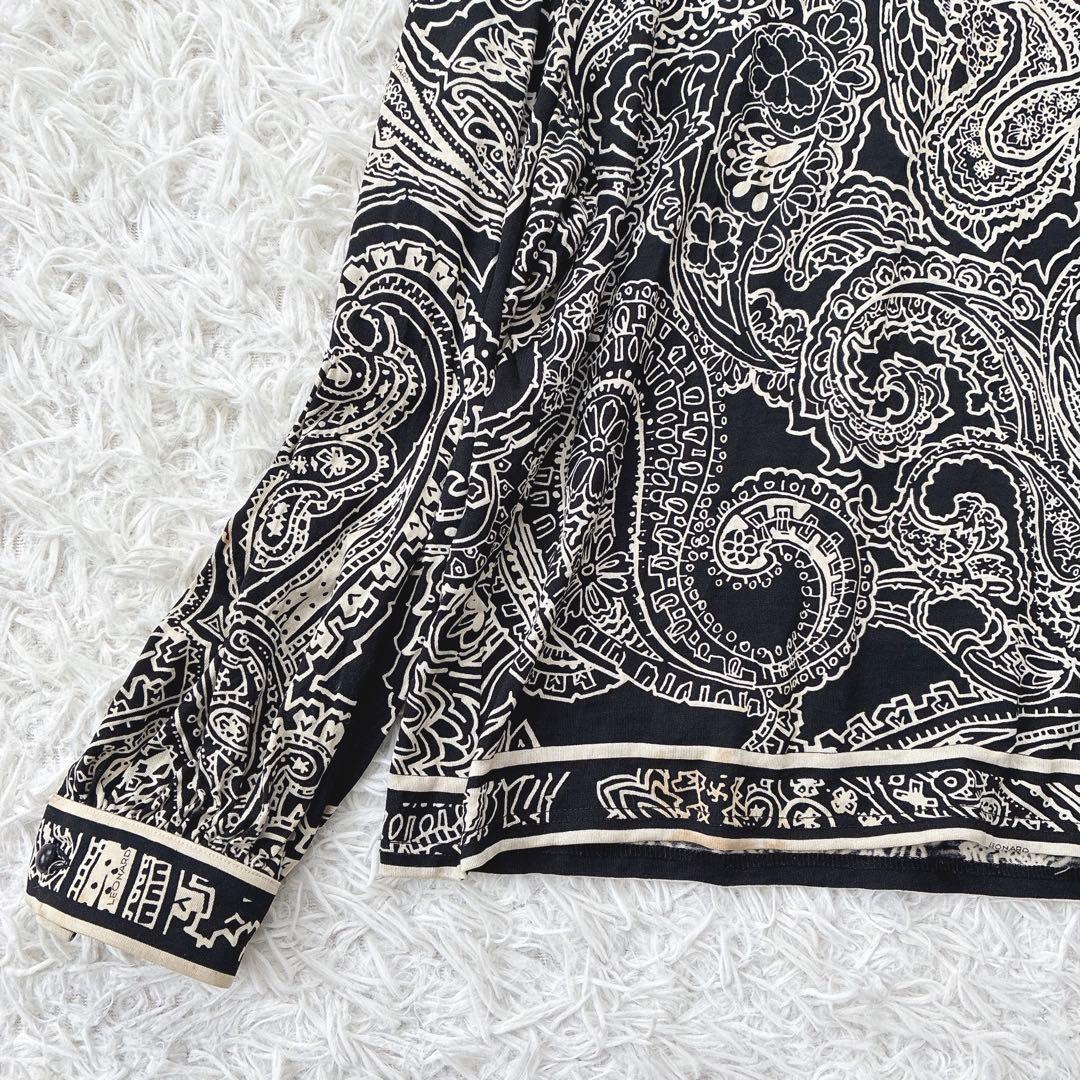 レオナール ウールシルク混 ペイズリー 長袖シャツ ブラウス トリム 黒