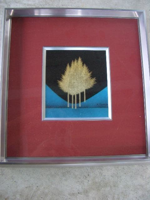 輪島塗 吠木正樹作 「木立」 漆芸額 沈金/189