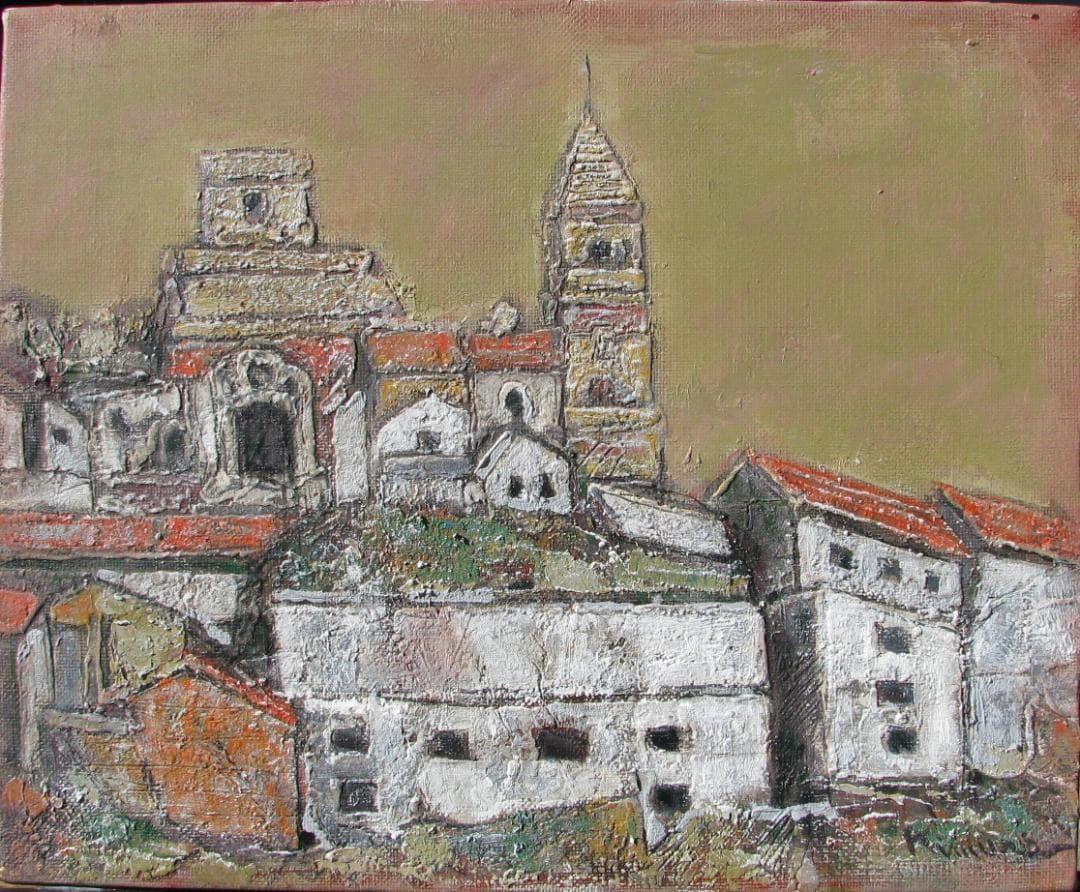 兵庫の奇才,木村二朗「風景」3号油彩,塔と赤い屋根のかわいらしい大