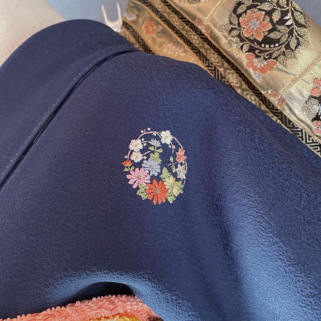 振袖フルセット 手染め色無地 成人式振袖 振袖 裄丈68 紺色 ➕サイズ